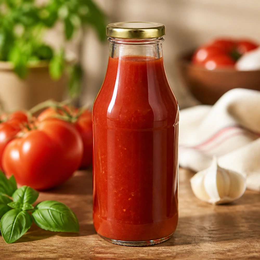 Bouteille en verre UNiTWIST de 330 ml contenant une sauce tomate rouge, avec une touche de basilic et d'ail en arrière-plan