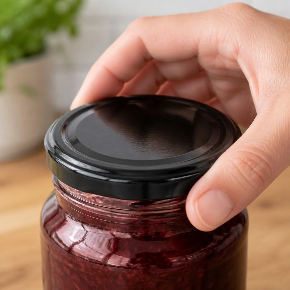 Un bocal contenant de la confiture de fraises est fermé par un couvercle noir TO48 de 48 mm.