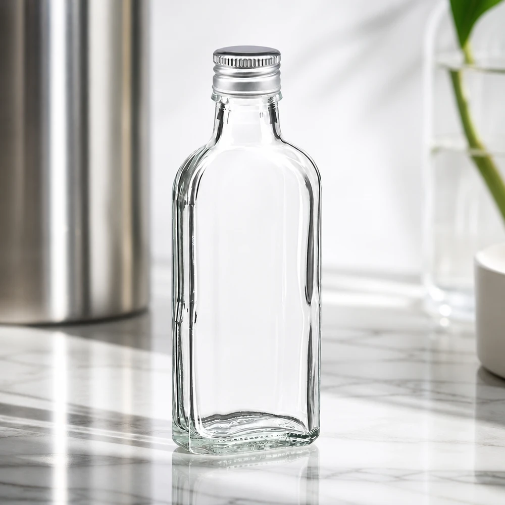 Flacon Meplat vide de 100 ml, transparent, de forme angulaire, avec bouchon à vis en aluminium argenté, PP22