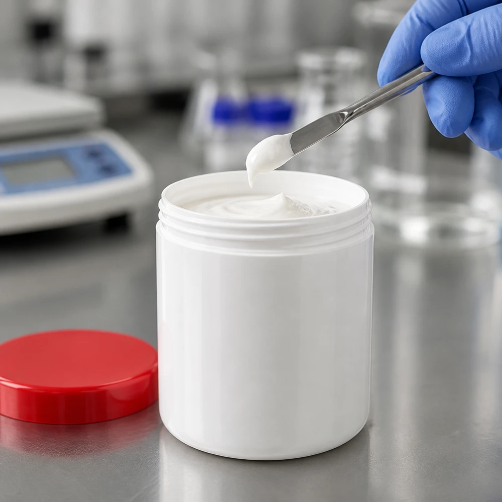Analyse en laboratoire d'un pot à pommade blanc de 20 g en PP, muni d'un couvercle à vis rouge et d'une spatule métallique