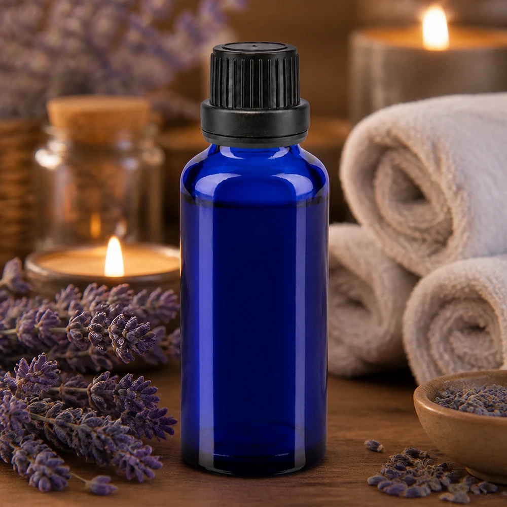 Flacon de pharmacie bleu 30ml bouchon vissable noir bouchon inviolabilité Flacon de pharmacie bleu cobalt de 30 ml avec bouchon d'inviolabilité noir de 11 mm