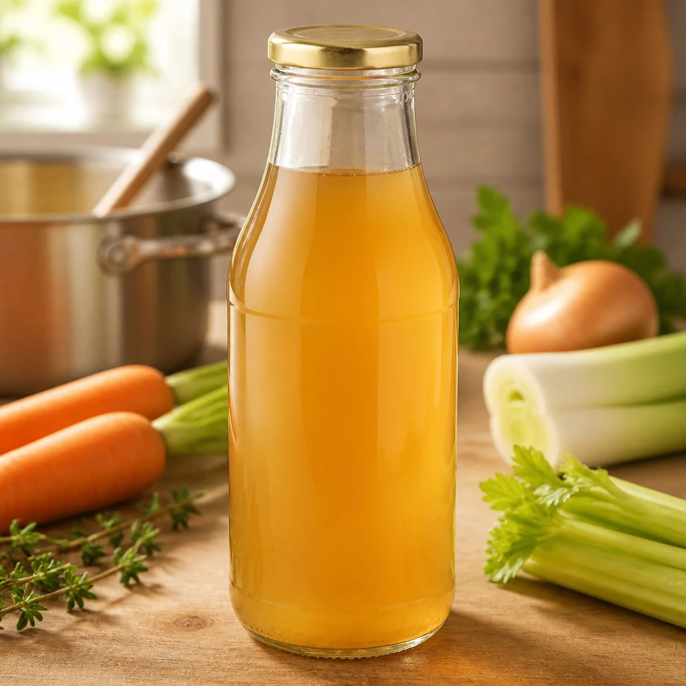Bouteille en verre de 330 ml + bouchon BasicSeal doré UNiTWIST Petite bouteille en verre de 330 ml de la marque UNiTWIST, dotée d'un bouchon à vis doré et remplie de bouillon