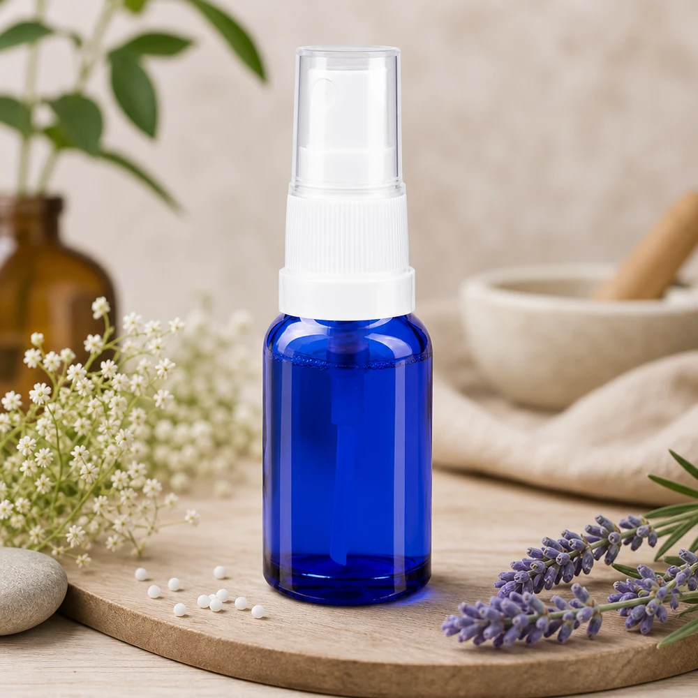 Flacon de pharmacie bleu 10ml embout spray blanc Flacon vaporisateur compact en verre bleu, muni d'un vaporisateur blanc, entouré de lavande et de pierres naturelles