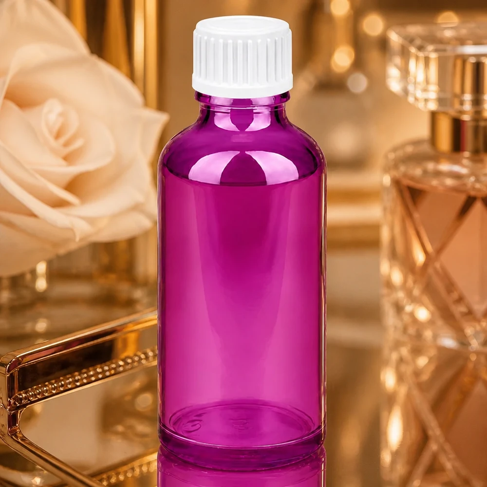 Flacon 50ml (globules) 3mm bague de coulée blanche standard PurpleLine. UT18/50 Petit flacon en verre violet de 50 ml avec filetage précis pour un dosage et un stockage exacts