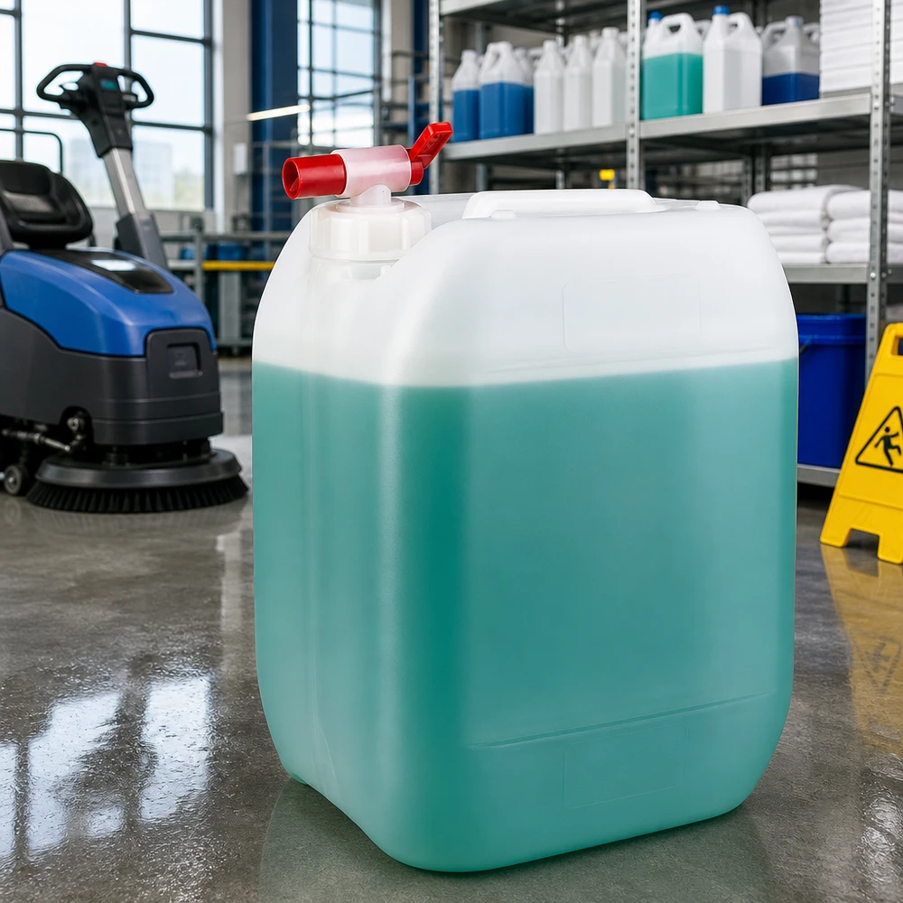 Bidon en plastique de 10 litres rempli, muni d'un robinet, à côté d'une autolaveuse bleue dans le hall