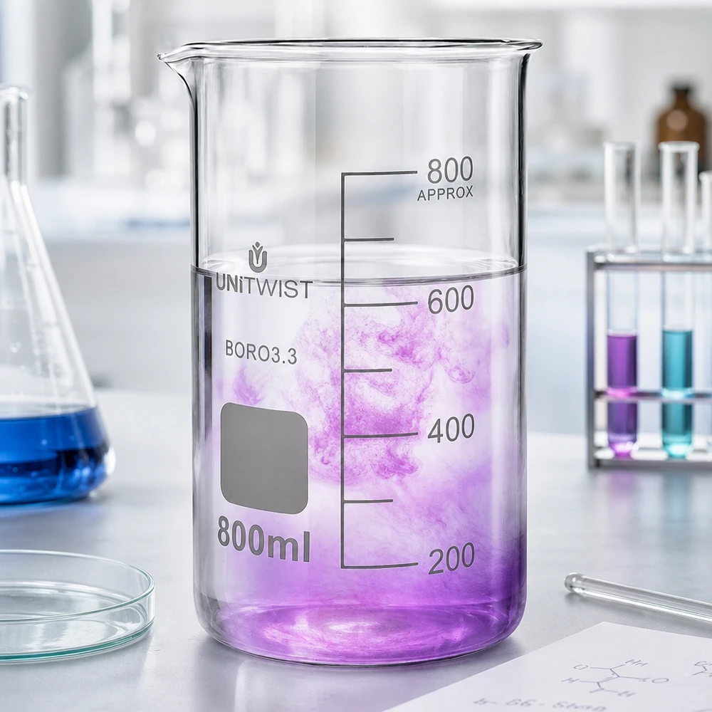 Bécher 800ml borosilicate, forme haute UNITWIST Verre à bec UNITWIST, modèle haut, 800 ml, avec bec verseur et graduation, pour applications de laboratoire
