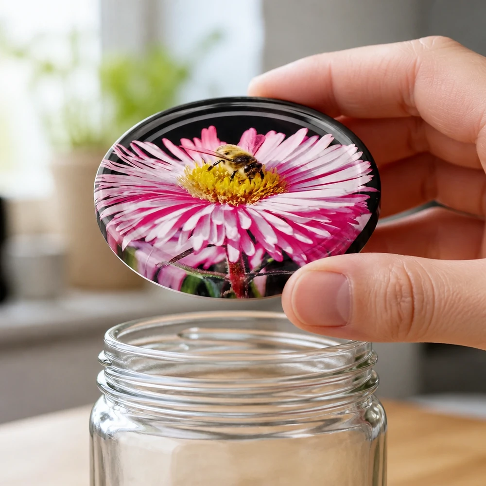 Couvercle BasicSeal 82 mm « Fleur » (TO82) UNiTWIST Couvercle BasicSeal TO82 de 82 mm avec impression photographique de fleurs printanières sur un couvercle métallique noir brillant