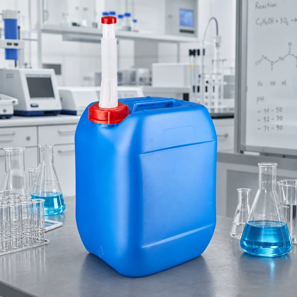 Bidon 10 litres bleu avec tube flexible Bidon rectangulaire bleu de 10 litres avec bec verseur souple et bouchon rouge