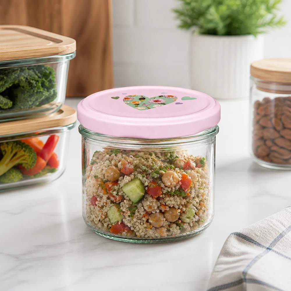 Pot cylindrique de 230 ml + couvercle BasicSeal rose cur 230ml Zylinderglas mit rosa Herz-Deckel in moderner Küche, ideal für Quinoa-Salat und gesunde Meal-Prep-Gerichte