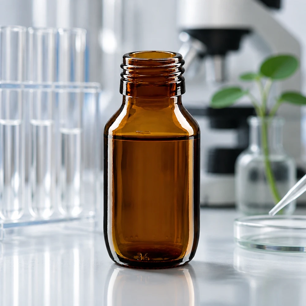 Petite bouteille de pharmacie de 50ml en verre brun sans bouchon, filetage PP28 pour les applications de laboratoire