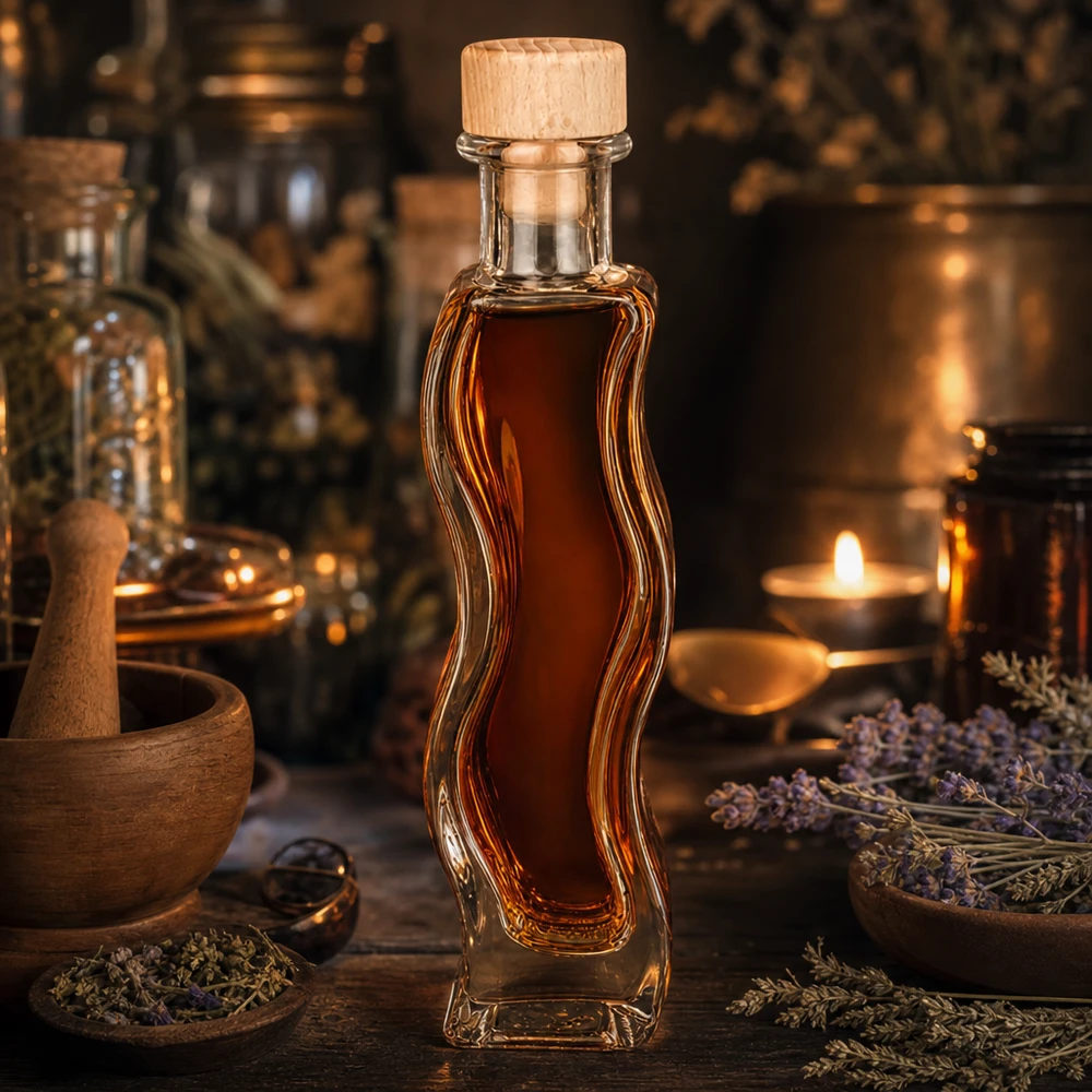 Flacon en verre « Melissa » 100 ml avec bouchon en bois UNiTWIST® Bouteille en verre Melissa de 100 ml au contenu ambré Bouchon en bois atmosphère rustique de pharmacien Lavande Lueur des bougies