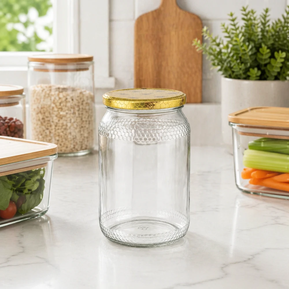 Pot de miel de 900 ml avec couvercle doré posé sur un plan de travail en marbre entre des bocaux à provisions dans une cuisine moderne.