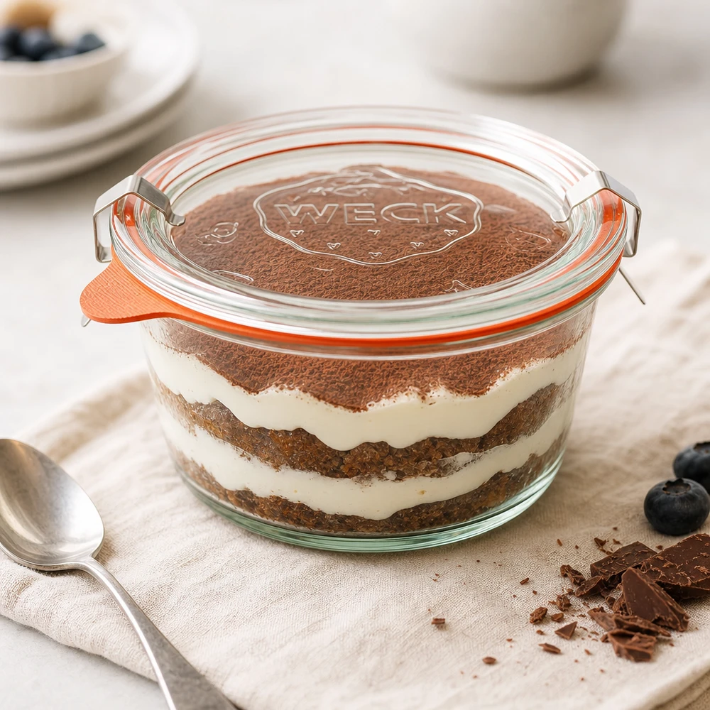 WECK Verre gourmet 450ml RR120 rempli de dessert tiramisu montre une utilisation pratique pour les desserts et les entremets