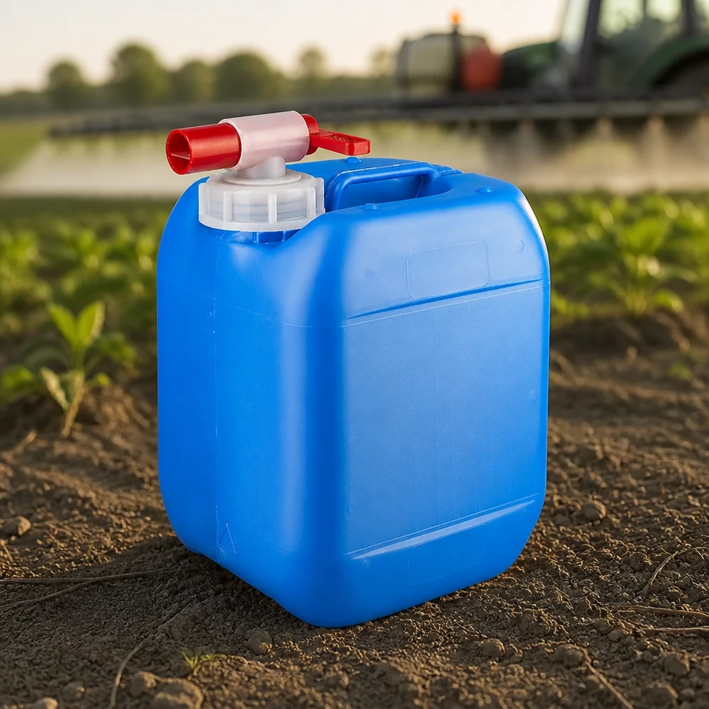 Bidon 5 litres bleu avec robinet Bidon de terrain compact de 5 L, bleu, avec robinet rouge, destiné aux produits phytosanitaires dans le secteur agricole