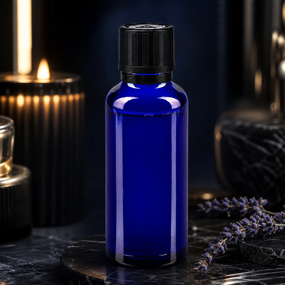 flacon à pharmacie bleu 30ml bouchon inviolable 1mm noir séc. enf. ada.a.ave. bouchon inviolabilité Flacon en verre d'apothicaire bleu cobalt de 30 ml, muni d'un embout compte-gouttes de 1 mm et d'un bouchon d'origine inviolable