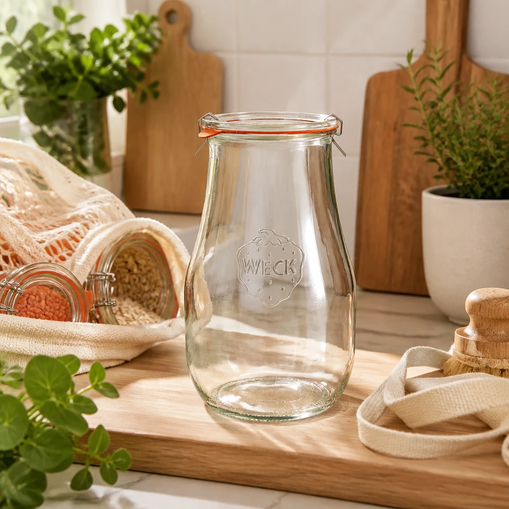 WECK Pot tulipe 2700ml RR100 vide sur planche en bois dans un environnement de cuisine naturel avec des herbes et des matériaux durables