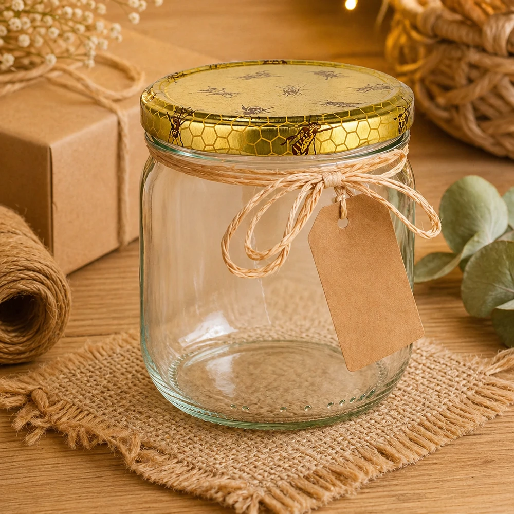 Pot de miel de 500g avec couvercle en nid d'abeille et étiquette cadeau sur tapis de bricolage avec décorations naturelles