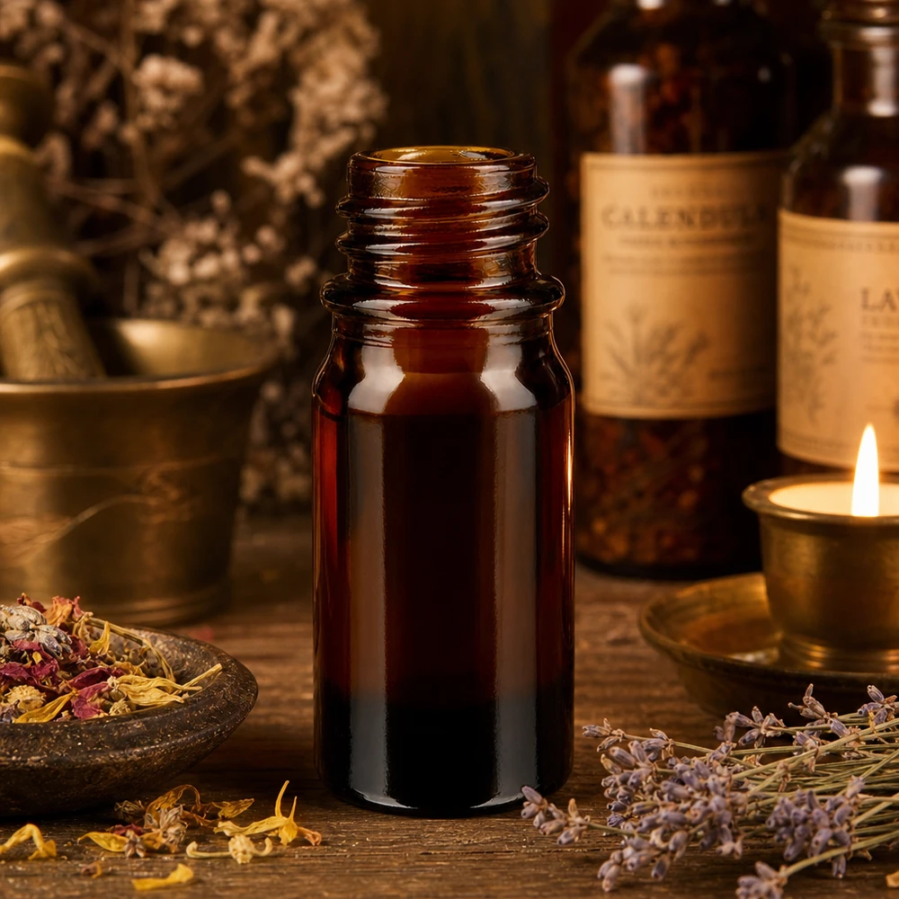 Bouteille de verre brun 5ml ApoGlas avec mortier d'herbes médicinales et bougie dans une atmosphère de pharmacie naturelle