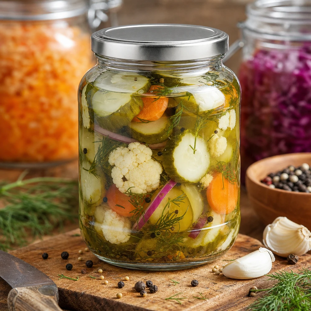 370ml Verre ovale avec couvercle BasicSeal argent UNiTWIST Bocal ovale de 370 ml avec couvercle BasicSeal rempli de légumes et d'herbes fermentés sur une planche en bois avec des épices