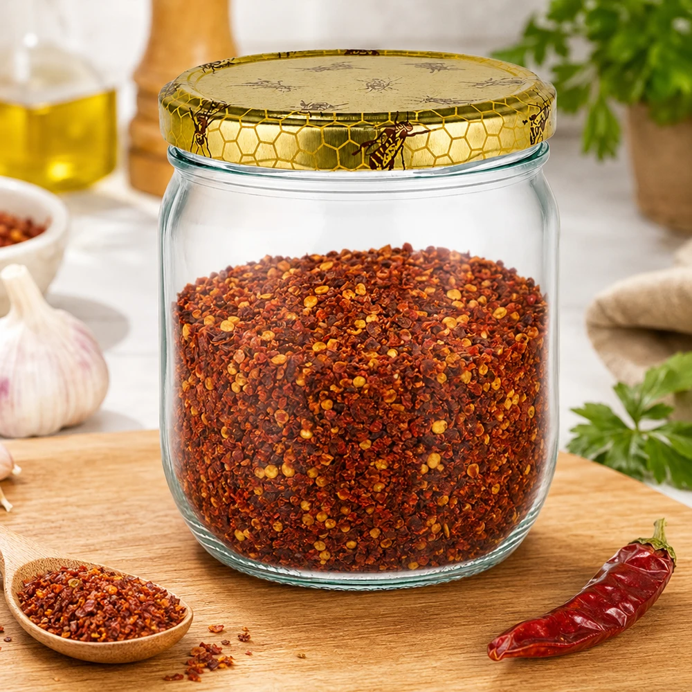 Pot de miel de 500g avec couvercle en nid d'abeille rempli de mélange d'épices au chili sur une planche en bois dans la cuisine