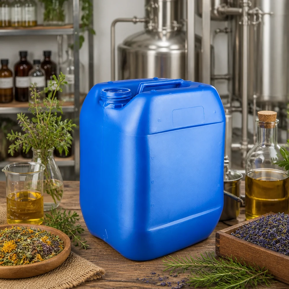 Bidon en plastique bleu vide de 10 litres, sans couvercle, à côté de la lavande et des herbes médicinales
