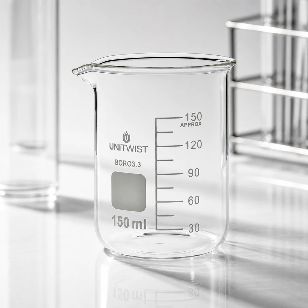 Bécher 150ml borosilicate, forme basse UNiTwist Récipient en verre de 150 ml, forme basse, UNiTwist, borosilicate 3.3, avec bec verseur – gros plan