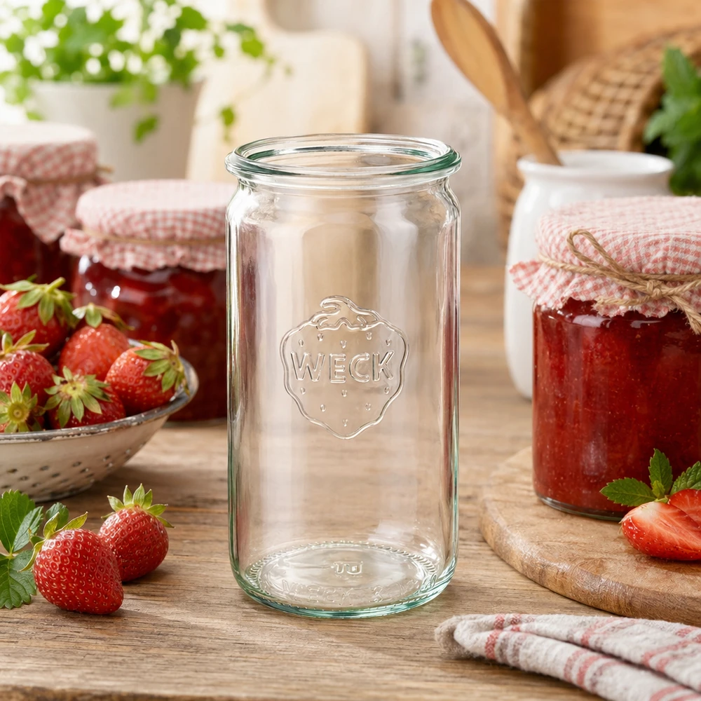WECK Pot cylindrique 340ml RR60 dans une scène de cuisine avec des fraises et de la confiture maison sur une table en bois