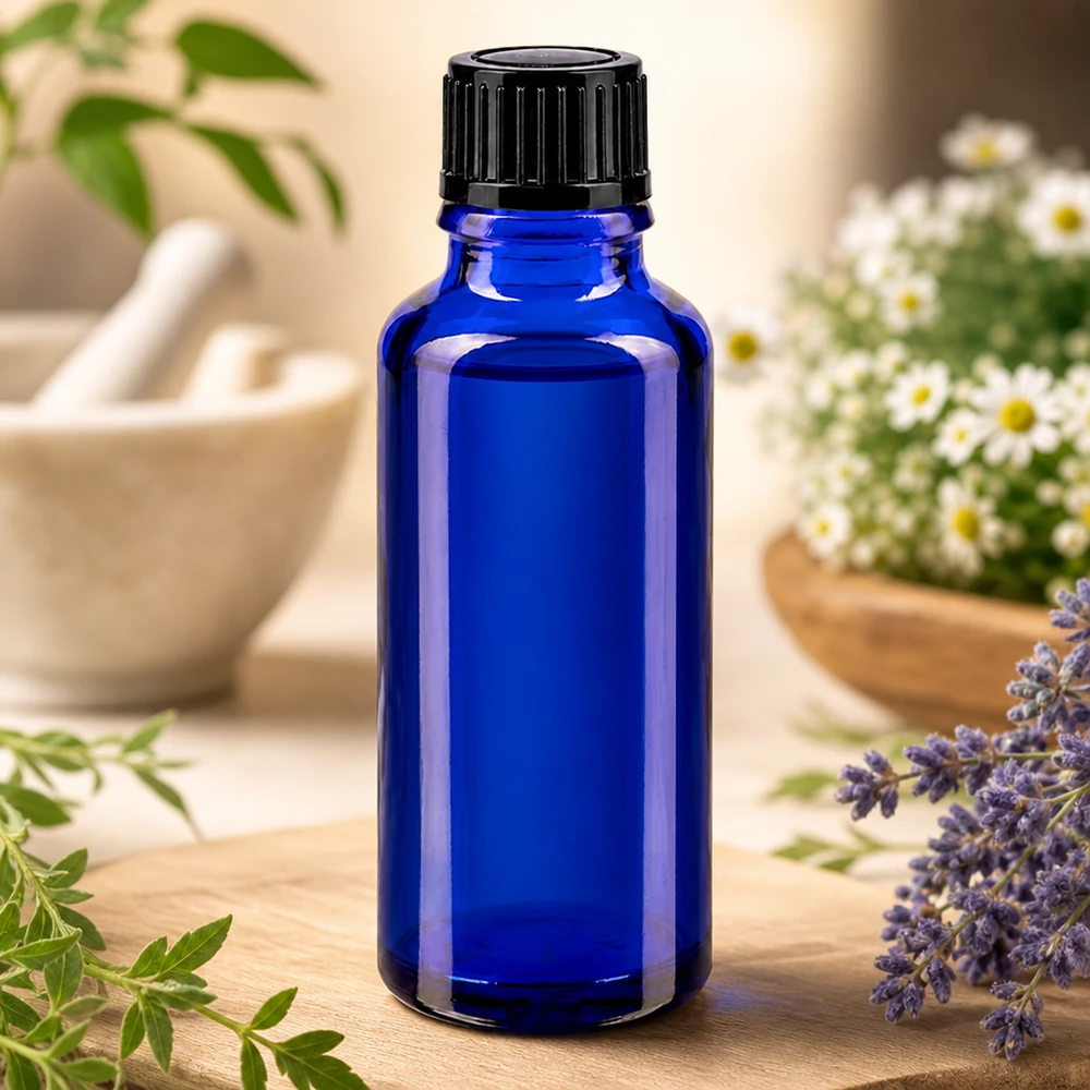 Flacon de pharmacie bleu 30ml bouchon vissable noir std Flacon d'apothicaire bleu cobalt de 30 ml avec bouchon à vis, posé sur une planchette en bois ornée de lavande