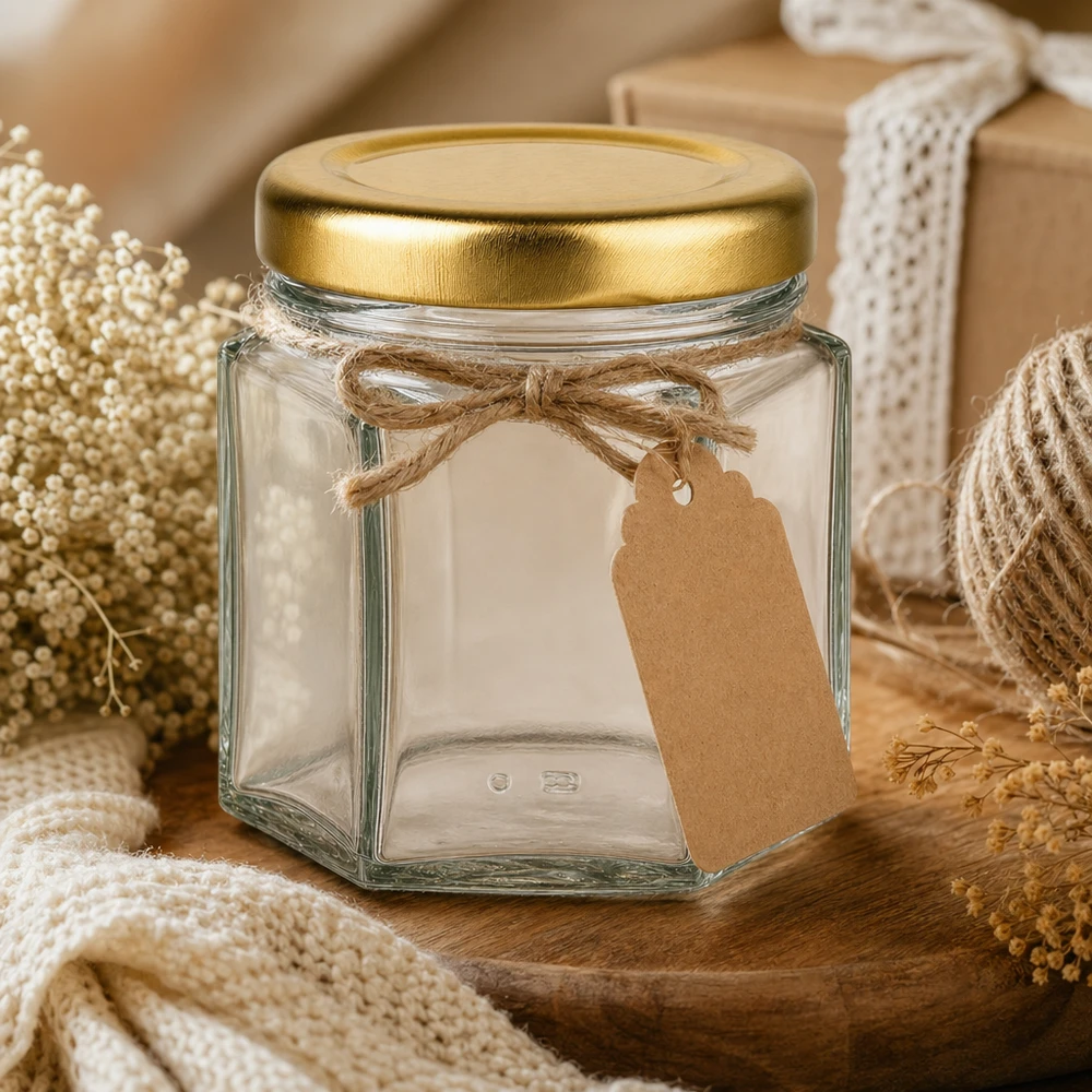 Pot de miel hexagonal de 60g vide avec couvercle doré BasicSeal et étiquette en papier kraft décorée de manière rustique avec un ruban de jute