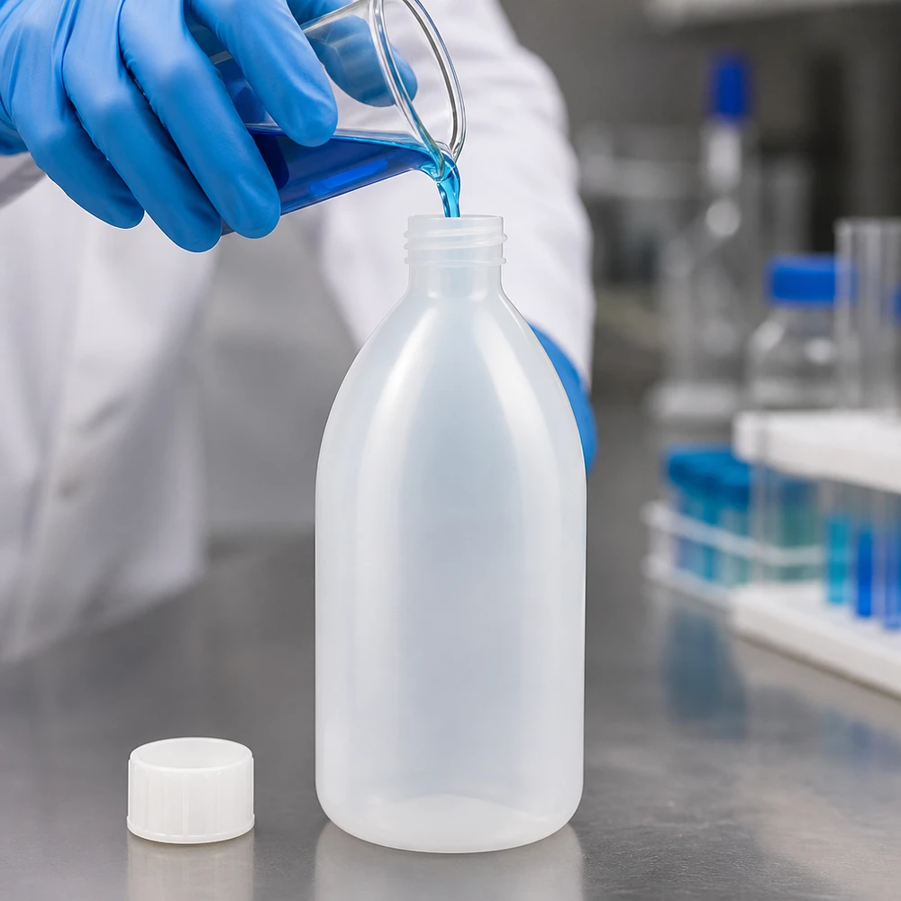 Flacon 1000 ml à col étroit, avec bouchon 1000ml Enghals Schraubflasche aus PE im Chemielabor neben Reagenzgläsern mit blauer Lösung