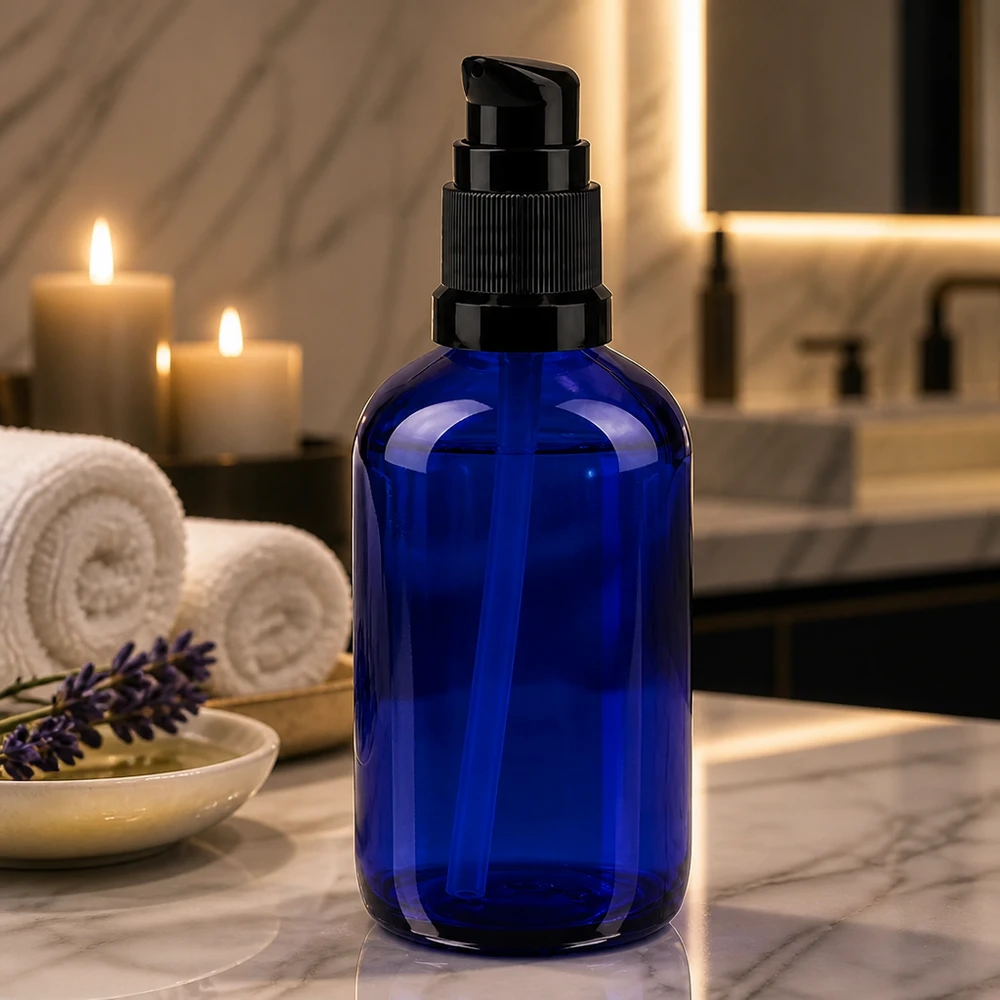 Flacon ApoGlas bleu cobalt de 100 ml avec pompe noire, dans une ambiance de salle de bains luxueuse