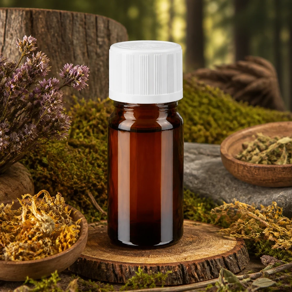 Flacon de pharmacie de 5 ml en verre ambré, muni d'un compte-gouttes de 1,2 mm entouré d'herbes médicinales séchées