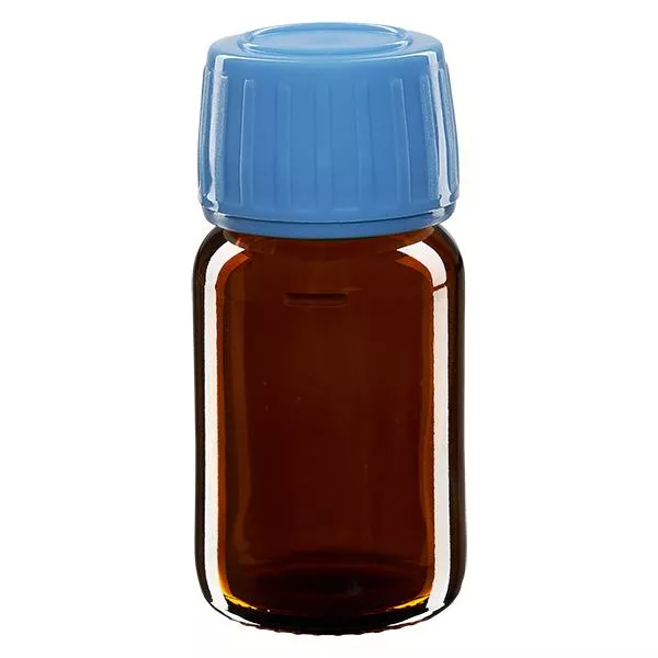 Flacon médical 30 ml couleur ambrée avec bouchon bleue Flacon médical 30 ml couleur ambrée avec bouchon bleue