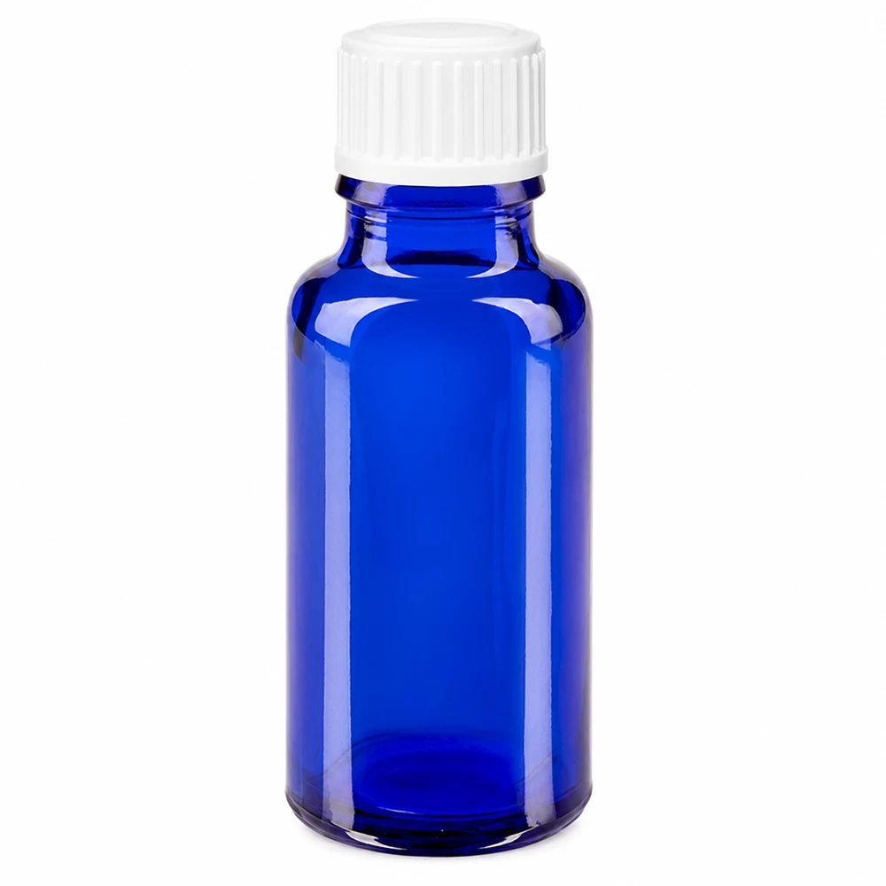 Flacon de pharmacie bleu de 20 ml en verre borosilicaté de haute qualité, muni d'une sécurité enfant
