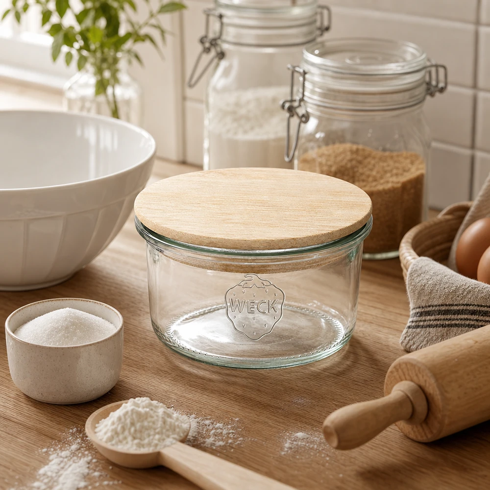 WECK Verre renversé RR80 165ml avec couvercle en bambou dans une scène de cuisine naturelle avec des ingrédients de pâtisserie et des ustensiles en bois