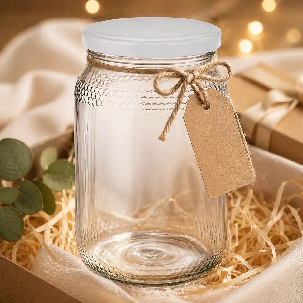 Pot à miel vide de 900 ml avec couvercle blanc BasicSeal et étiquette cadeau dans un emballage cadeau rustique