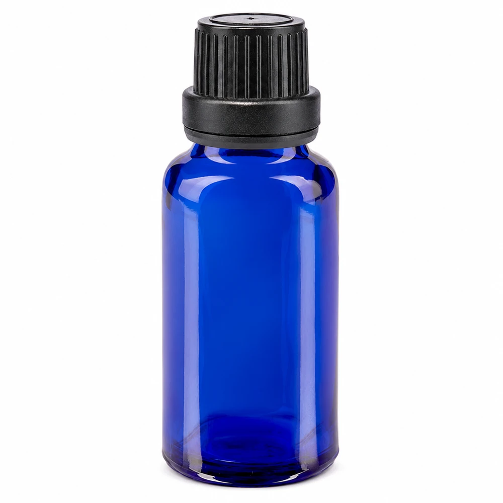 Flacon en verre bleu de 20 ml avec bouchon à vis noir à l'épreuve des enfants, destiné aux pharmacies