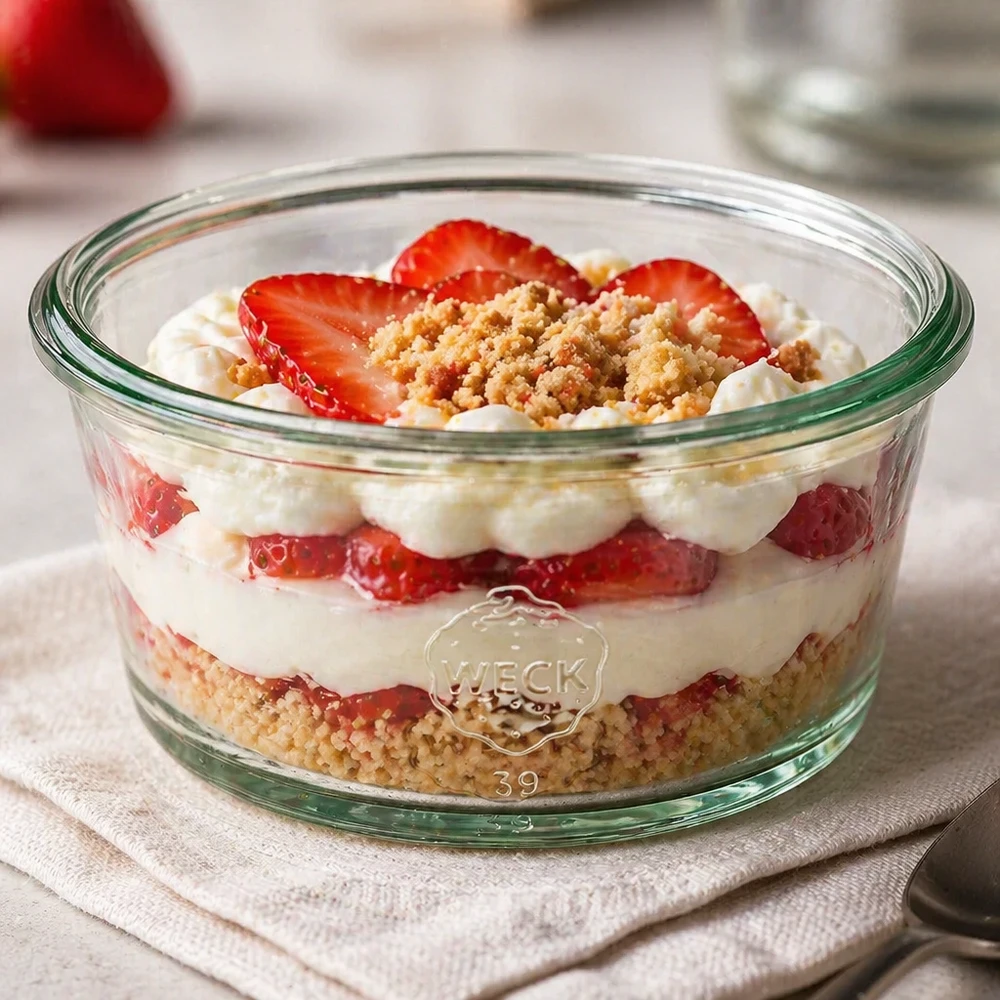 WECK Verre gourmet RR80 165ml avec dessert à la fraise et à la crème et crumble comme présentation de dessert sur toile de lin