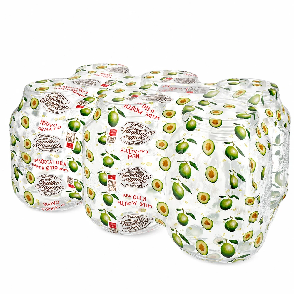 3000ml verre rond « Quattro Stagioni » avec couvercle 3000ml Quattro Stagioni verres ronds empilés avec des étiquettes d'olive montrent la taille et les variantes de conception