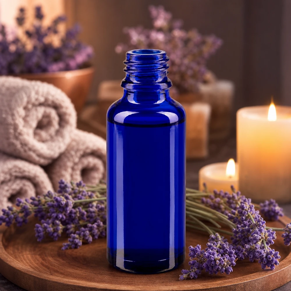 Flacon ApoGlas de 30 ml, à large base et d'une élégante teinte bleue, destiné à l'aromathérapie