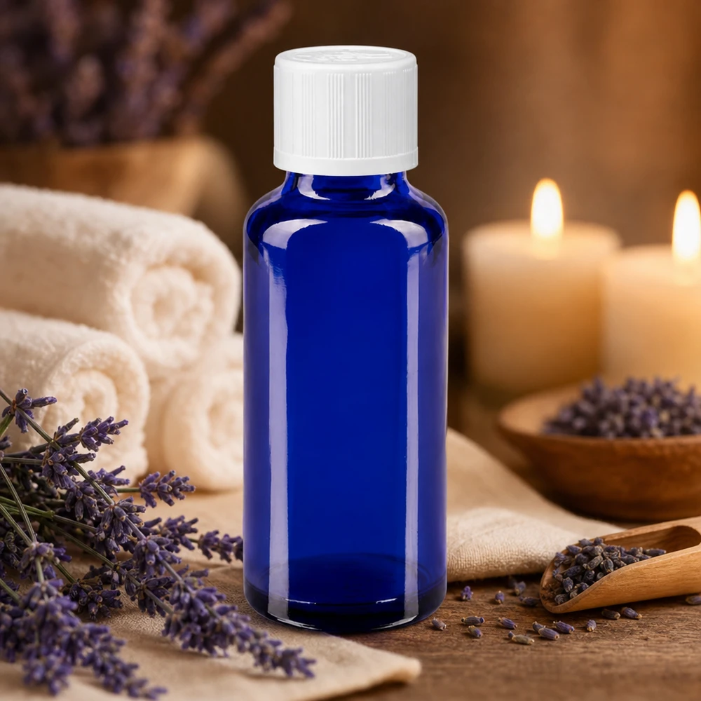 Flacon à pharmacie bleu 30ml bouchon anti-goutte blanc séc. enf. std Flacon de pharmacie bleu cobalt de 30 ml avec bouchon à vis blanc, posé sur une surface en bois créant une ambiance bien-être