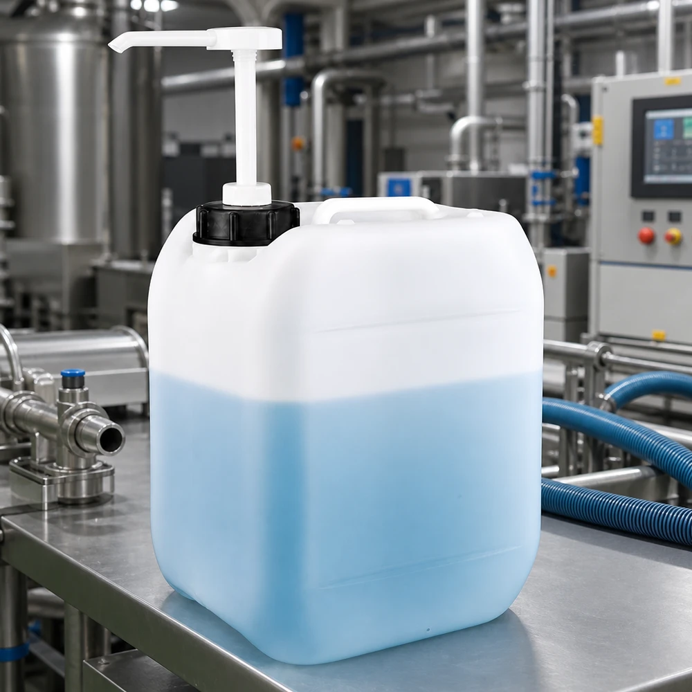 Bidon en plastique de 5 litres à moitié plein, muni d'un distributeur à pompe, posé sur une table en acier inoxydable dans un environnement industriel