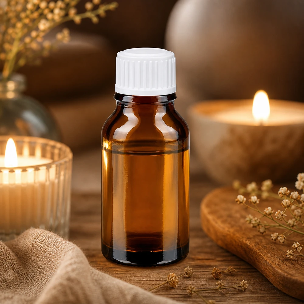Flacon d'huile essentielle de 15 ml en verre brun de pharmacie avec bouchon blanc, dans un style bien-être