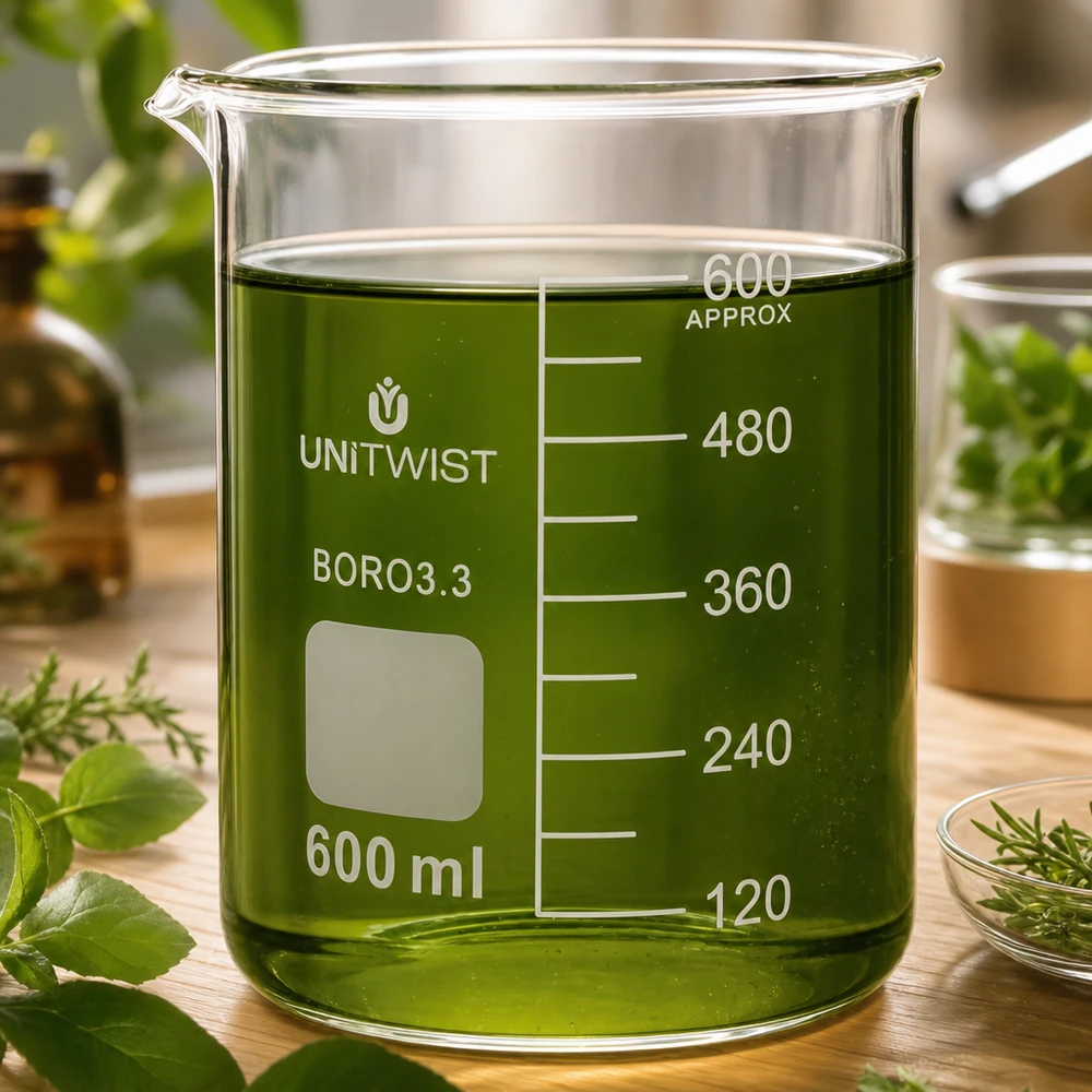 UNiTWIST, flacon de laboratoire de 600 ml, forme basse, avec un extrait végétal vert sur un socle en bois