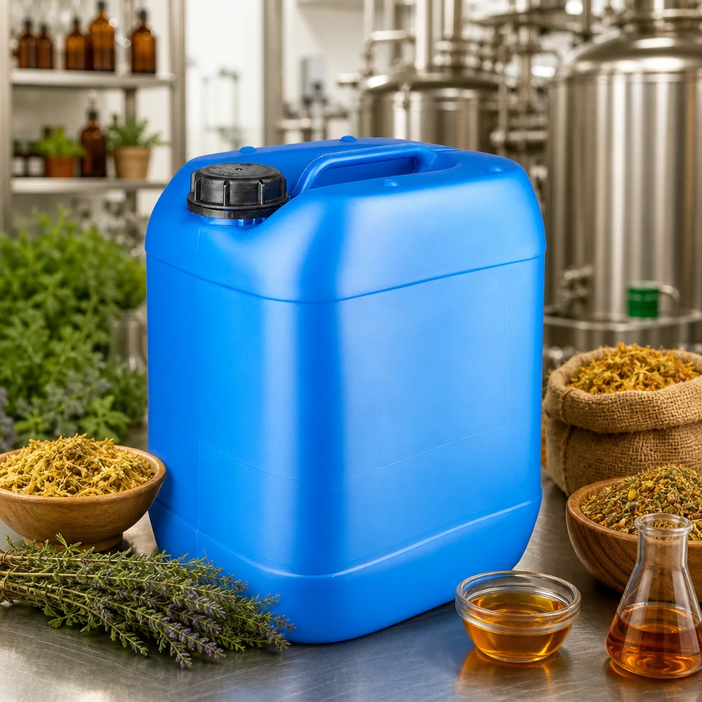 Bidon bleu de 20 litres, adapté au contact alimentaire, avec bouchon OV, destiné au stockage d'extraits végétaux