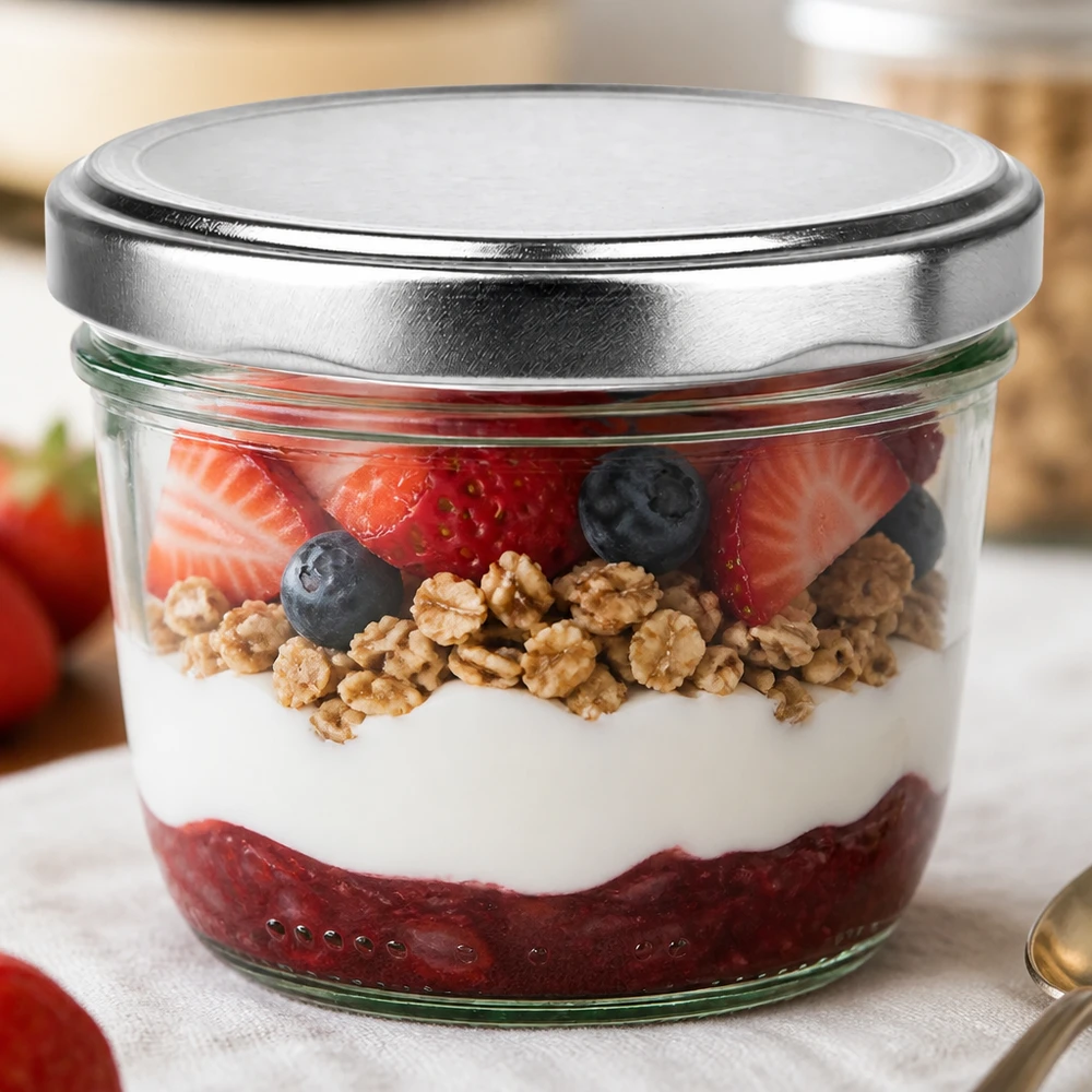 230ml Verre conique avec couvercle BasicSeal argent UNiTWIST Verre renversé de 230 ml avec couvercle BasicSeal argenté rempli de yaourt Baies Noix comme dessert dans un verre Exemple d'utilisation