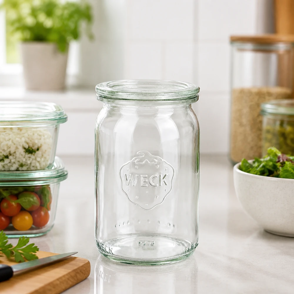WECK 145ml pot cylindrique RR40 vide sur le comptoir de la cuisine avec des bocaux à provisions et des herbes fraîches en arrière-plan