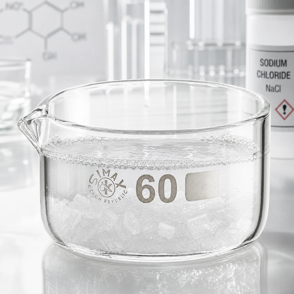 Coupelle de cristallisation 60 ml avec bec verseur Bol en verre de 60 ml, en verre borosilicaté, plat et cylindrique, avec bec verseur, équipement de laboratoire Simax