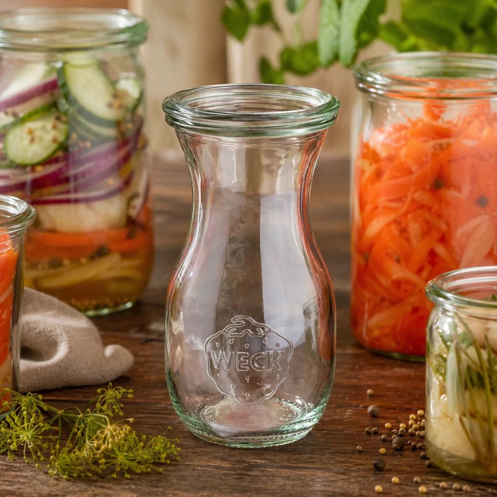 Bouteille à jus de 290 ml avec couvercle en verre WECK RR60 WECK Bouteille de jus 290ml RR60 vide dans une ambiance avec des bocaux remplis et des herbes fraîches sur une table en bois