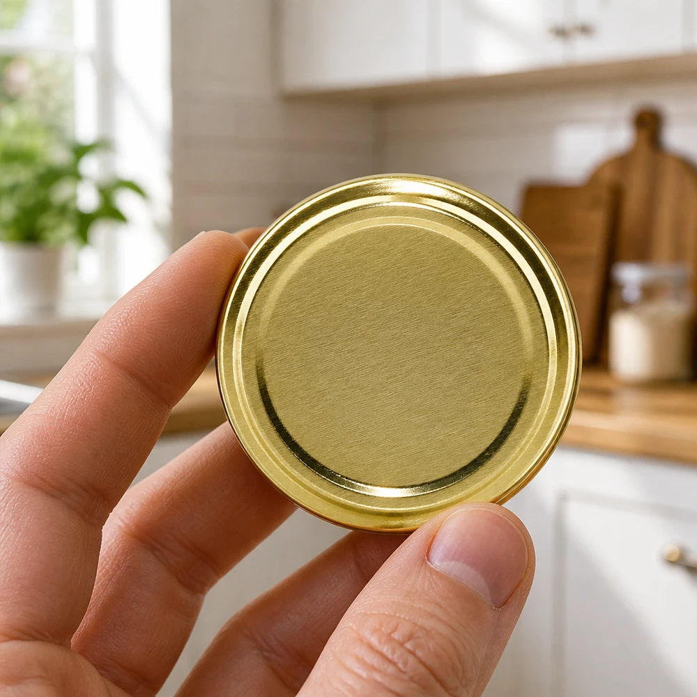Main tenant un couvercle métallique doré TO70 BioSeal sans BPA ni NI pour bocaux de cuisine – Accessoires